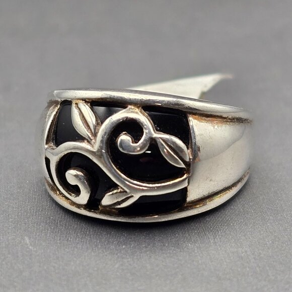 Sterling Silver A925 Black Onyx Dome Ring Size 10 Vining Leaf Scroll 8.81g - Picture 1 of 12